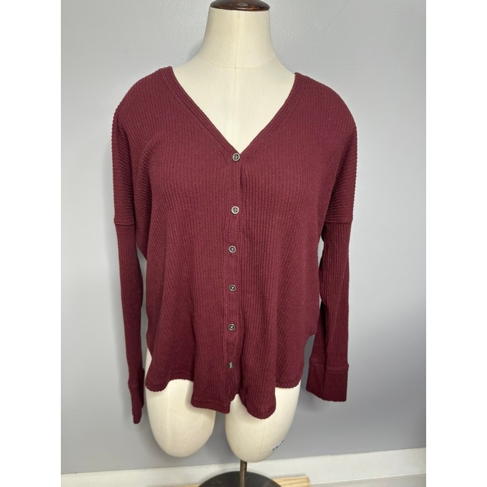 Abercrombie & Fitch Burgundy Ribbed Waffle Knit Button Front Cardigan Top Small